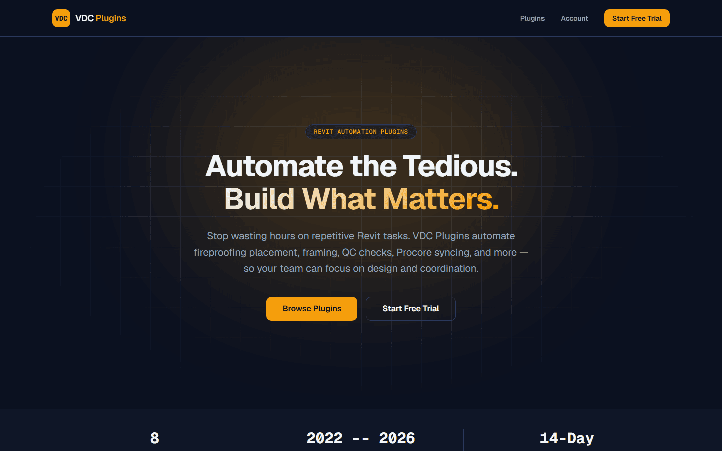 The vdcplugins.com home page, with buttons to browse the plugins and start a free trial.