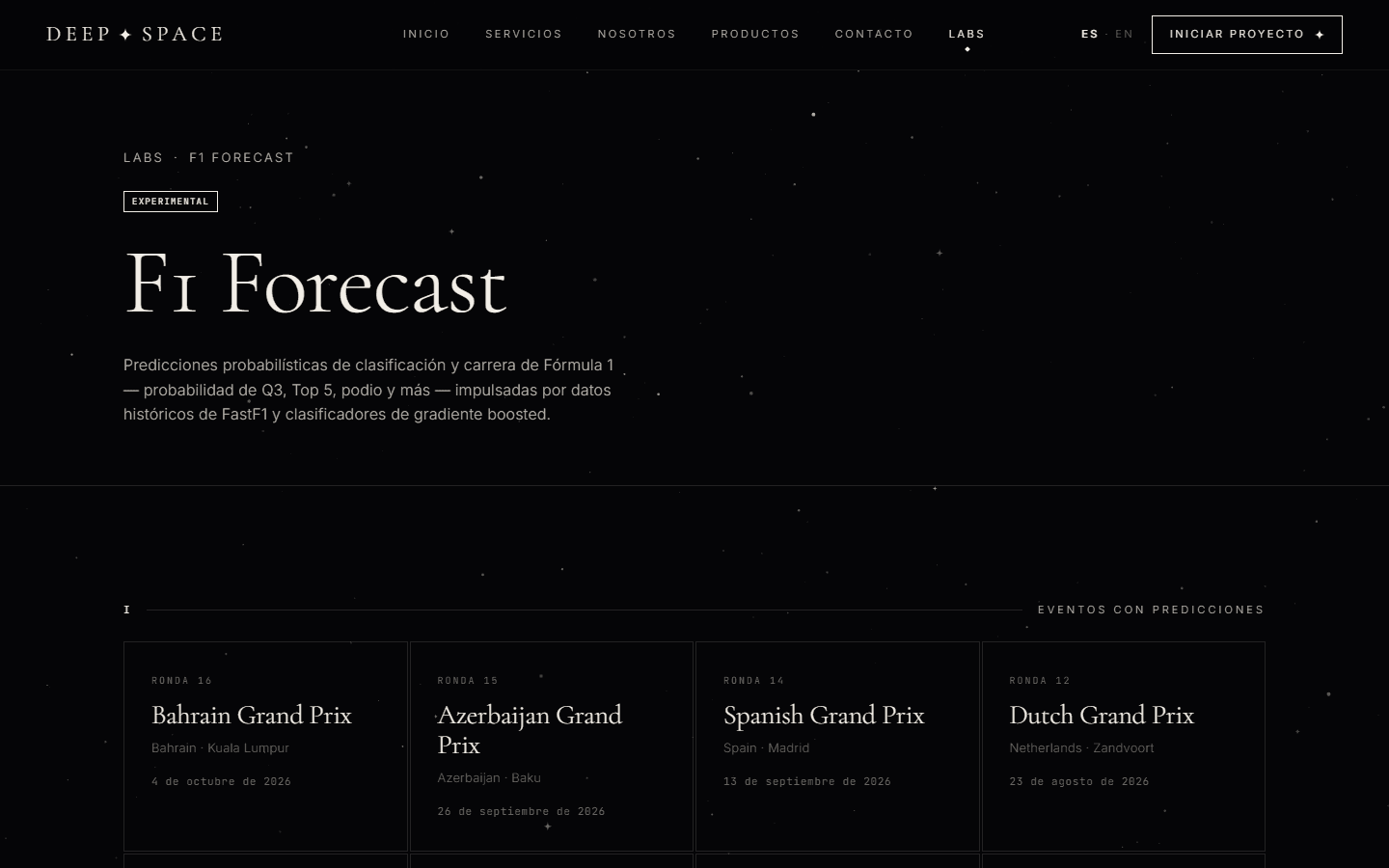 The F1 Forecast index on deepspace.com.mx, listing 2026 events with predictions.